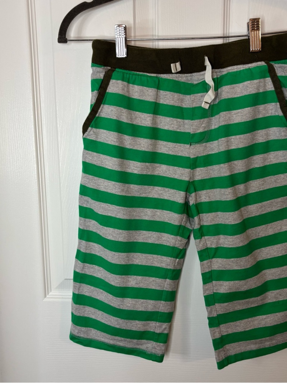 Mini Boden Green and Olive Striped Knit Shorts